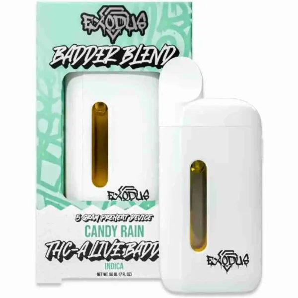 Exodus Badder Blend Preheat THCa Disposable Delta 8 Vape 5 Grams Candy Rain